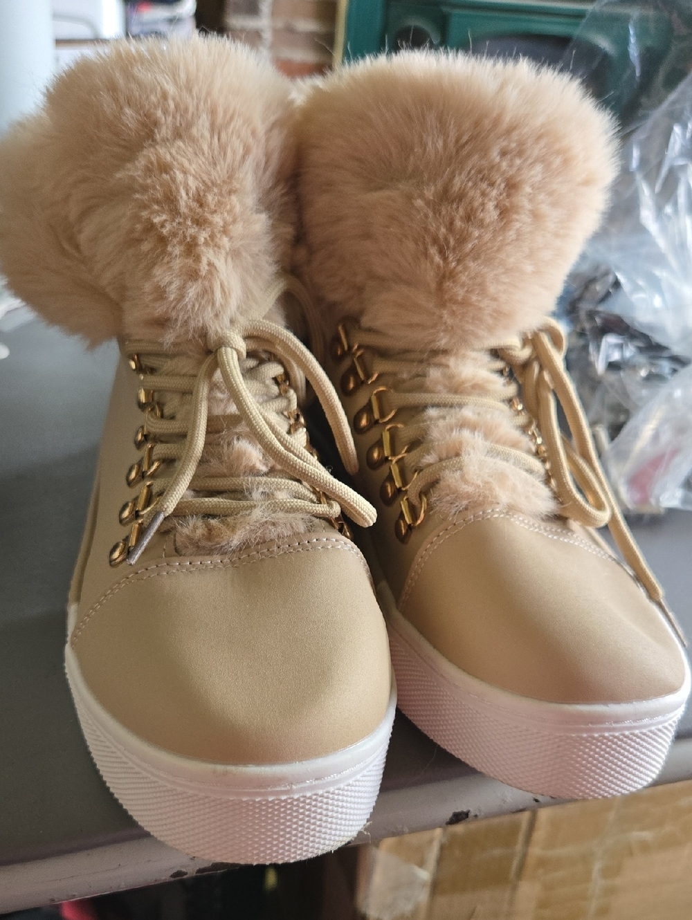 Faux Fur Trim Tan Women's Fashion Sneakers